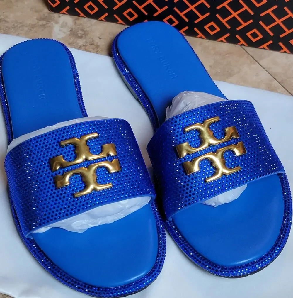 Womens Blue Leather Rhinestone Bling Flats Sz 8 39 Sandals Gold Decor Slides New
